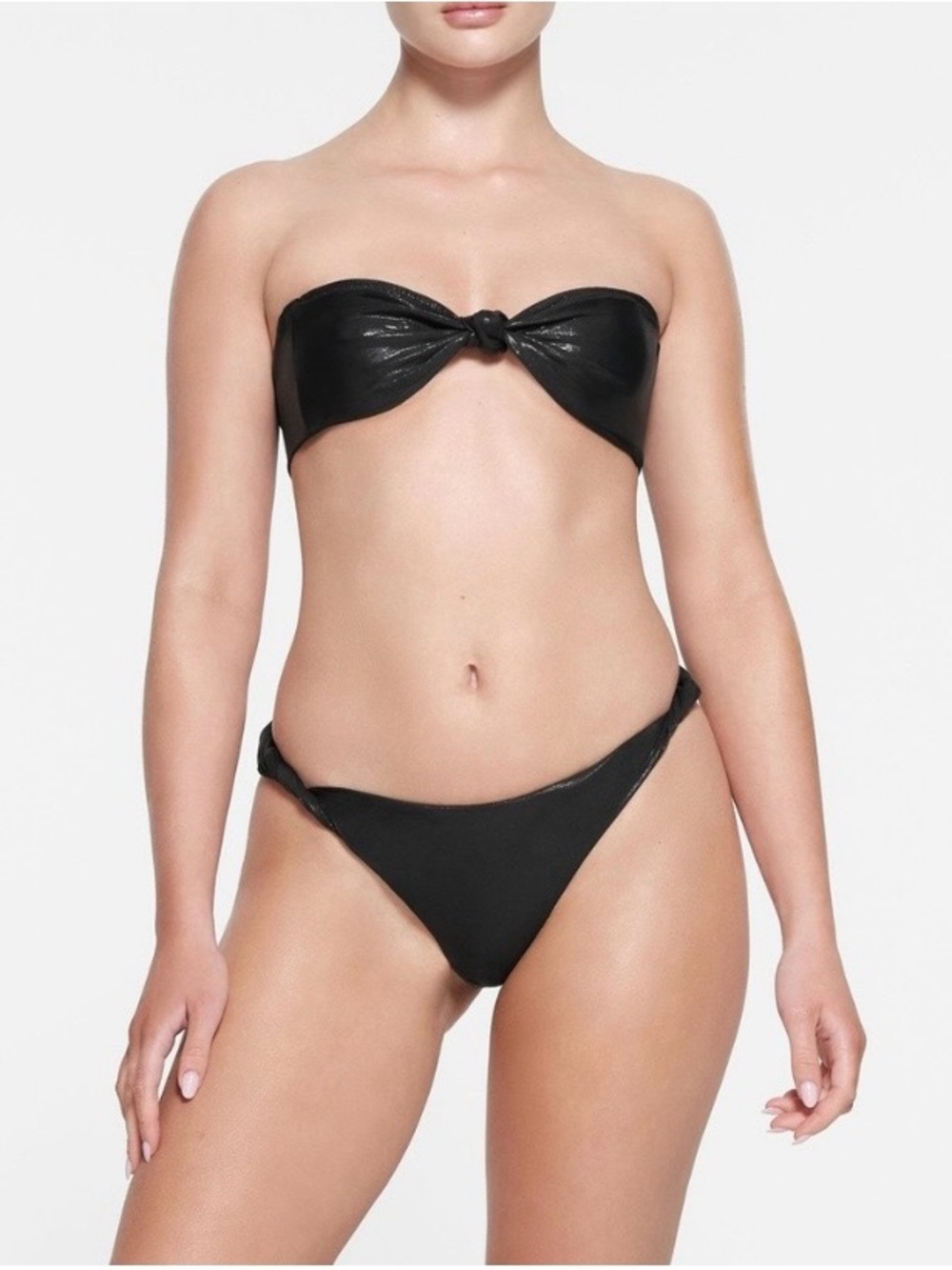 SKIMS Liquid Shine Black Strapless Knot Bandeau Bikini Set—S & XS